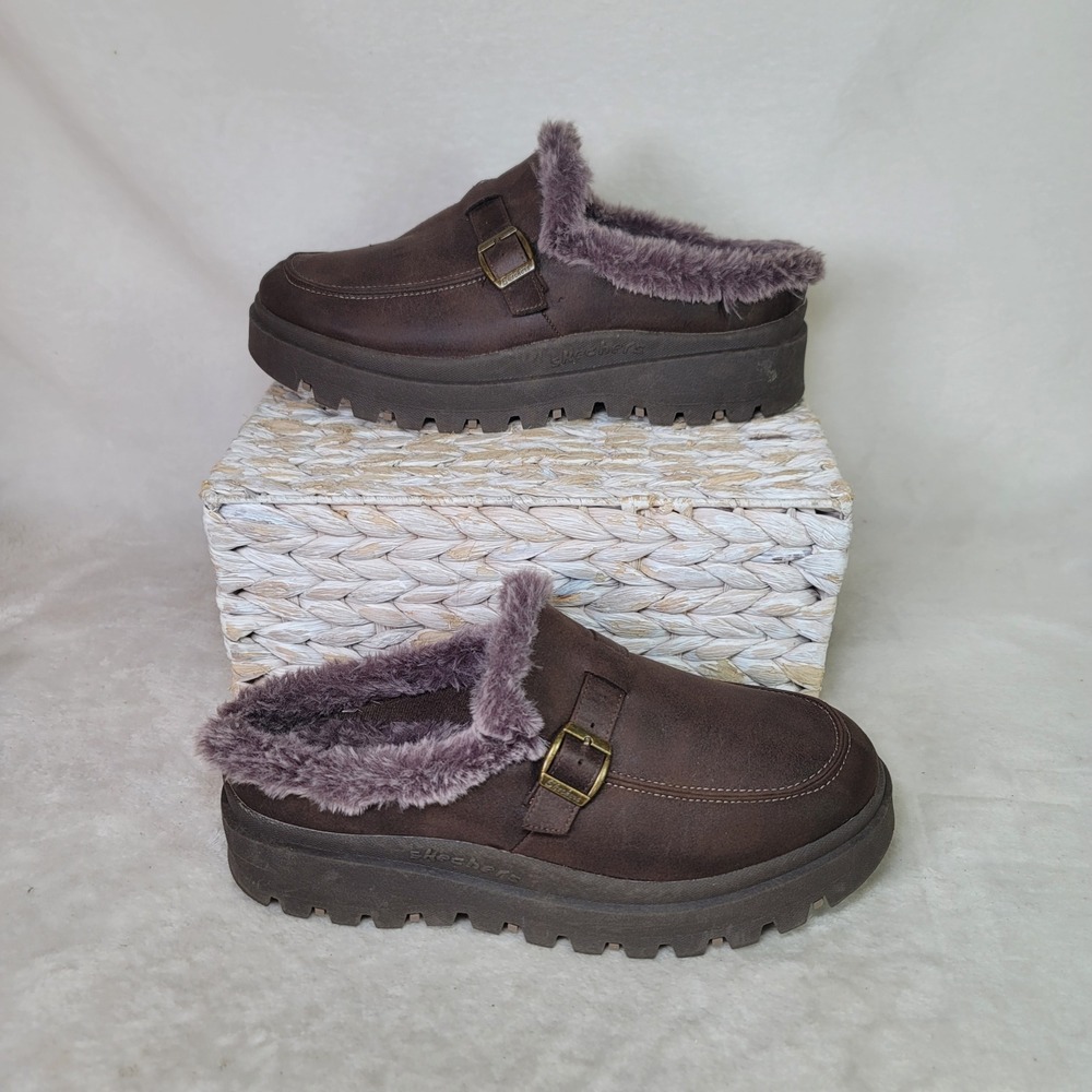 Skechers Jammers Brown Platform Clogs Mules Faux Fur Dark Acadamia Womens 11